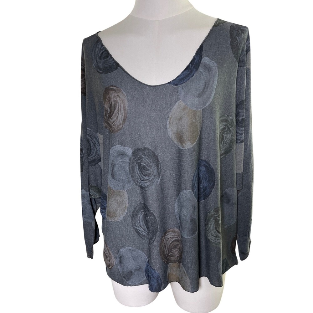 Italy Lagenlook Boho‎ Top Gray Abstract Print Oversize Viscose OS